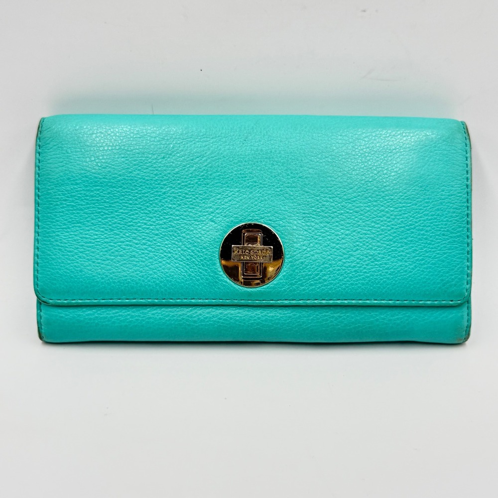 Kate Spade Wallet OS Turquoise Pebble Leather Turnlock‎ Preppy Chic